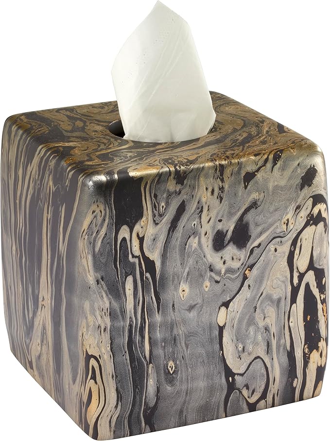 Nicole Miller - Tissue Box Cover, Resin Countertop Accessories, Multipurpose Home Decor, Dorm Room Essentials (Harper Collection, Black/Gold)