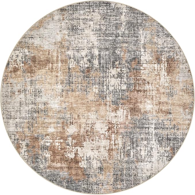 10ft Round Area Rug Living Room Rugs - 10x10 Washable Circle Rug Large Soft Indoor Neutral Modern Abstract Low Pile Carpet for Bedroom Dining Room Farmhouse Home Office - Grey Brown