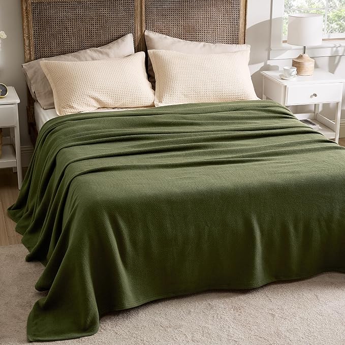 Bedsure GentleSoft 100% Cotton Blanket King Size for Bed - Breathable and Lightweight, Soft Cozy Textured Herringbone Woven Blanket for Summer, Olive Green, 108x90 inches