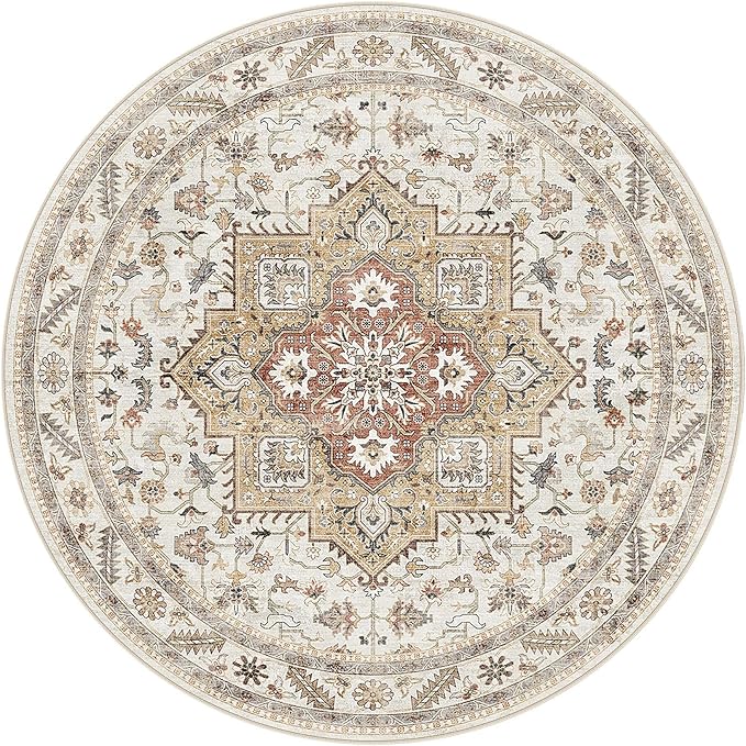 8ft Round Vintage Living Room Area Rug - 8x8 Large Soft Washable Oriental Traditional Distressed Farmhouse Rugs for Bedroom - Indoor Floor Accent Carpet for Home Office House Decor - Golden Taupe
