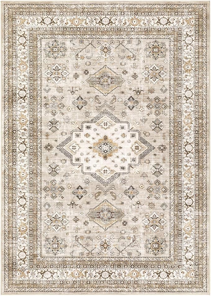 Vintage Living Room Area Rug 5x7 - Large Soft Washable Oriental Traditional Distressed Farmhouse Rugs for Bedroom - Indoor Floor Accent Carpet for Home Office House Decor - Beige