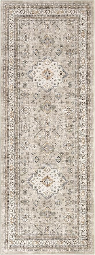 Vintage Hallway Runner Rug 3x8: Large Soft Washable Entryway for Kitchen Laundry Room Non-Slip Backing Runner for Entrance Living Room Bedroom Bathroom - Beige