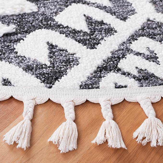 SAFAVIEH Moroccan Tassel Shag Collection Area Rug - 6'7" Round, Dark Grey & Ivory, Rustic Trellis, Non-Shedding & Easy Care, 2-inch Thick Ideal for High Traffic Areas in Living Room, Bedroom (MTS652H)