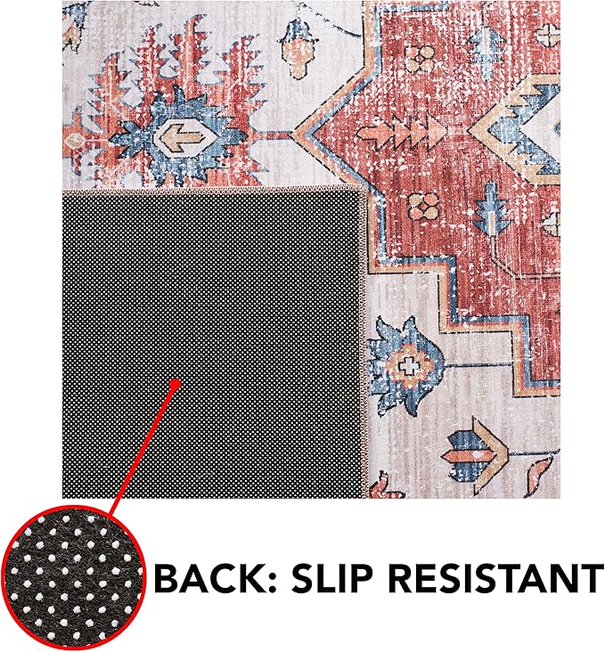 SAFAVIEH Washable Rug Tucson Collection - 9' x 12', Beige & Blue, Slip Resistant & Easy to Clean, Ideal for Living Room, Bedroom, Dining Space (TSN109B)