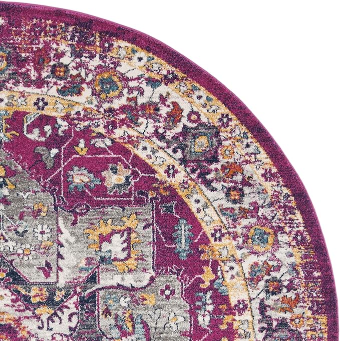 SAFAVIEH Evoke Collection Area Rug - 6'7" Round, Fuchsia & Ivory, Oriental Medallion Distressed Design, Non-Shedding & Easy Care, Ideal for High Traffic Areas in Living Room, Bedroom (EVK275R)