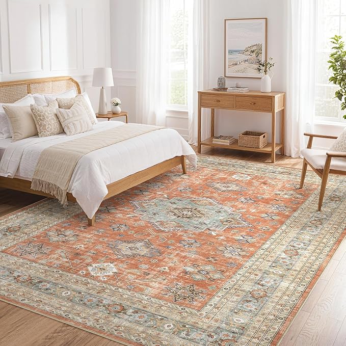 Vintage Living Room Area Rug 9x12 - Large Soft Washable Oriental Traditional Distressed Farmhouse Rugs for Bedroom - Indoor Floor Accent Carpet for Home Office House Decor - Orange