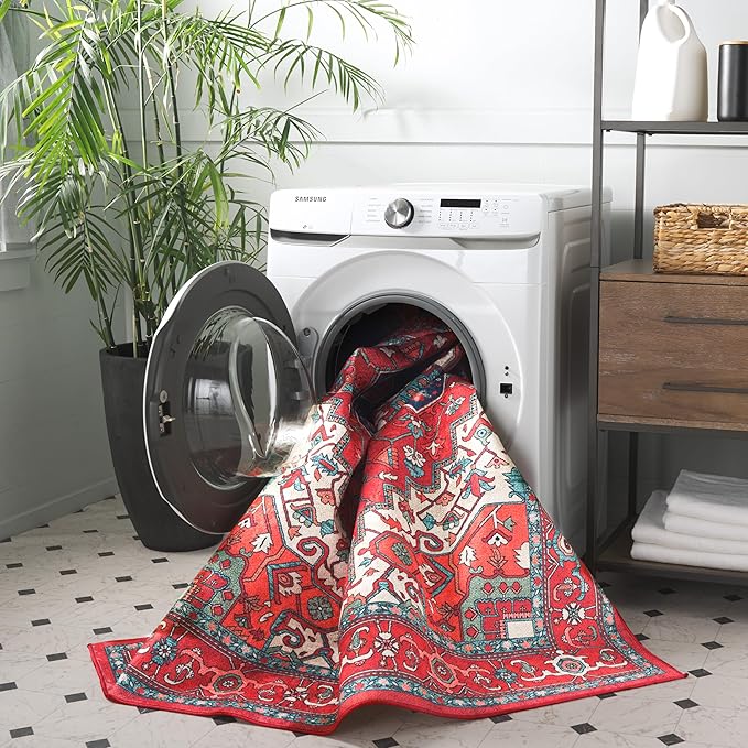 SAFAVIEH Washable Rug Orlando Collection - 2'2" x 8' Runner, Red & Beige, Non-Shedding & Easy to Clean, Ideal for Hallway, Foyer, Entryway, Bedroom (ORL758Q)