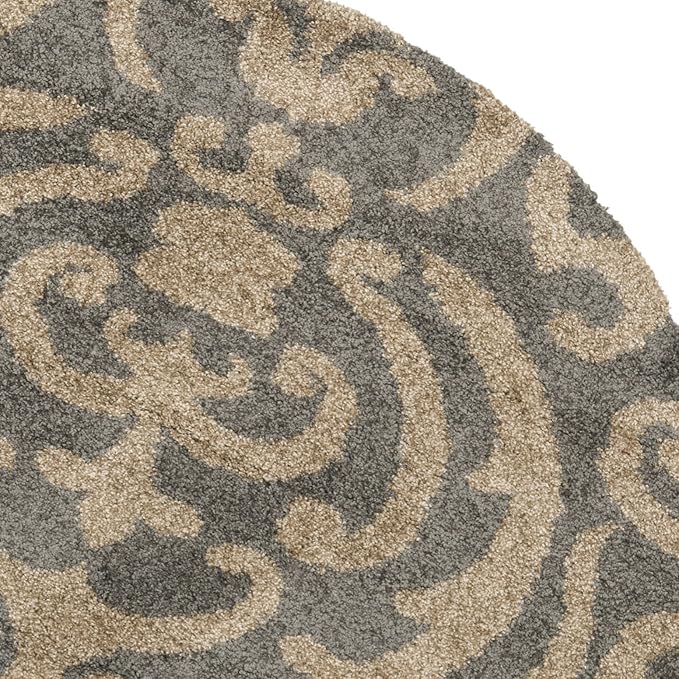 SAFAVIEH Florida Shag Collection 6'7" Round Grey/Beige SG462 Damask Non-Shedding Living Room Bedroom Dining Room Entryway Plush 1.2-inch Thick Area Rug