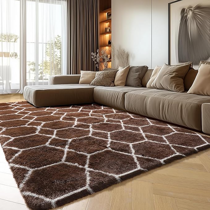 ONASAR 5x7 Area Rugs for Living Room Bedroom, Fluffy Brown and White Throw Rug, Geometric Boho Soft Plush Shaggy Floor Bedside Carpet Mat for Nursery Kids Girls Boys Teen Dorm Home Decor