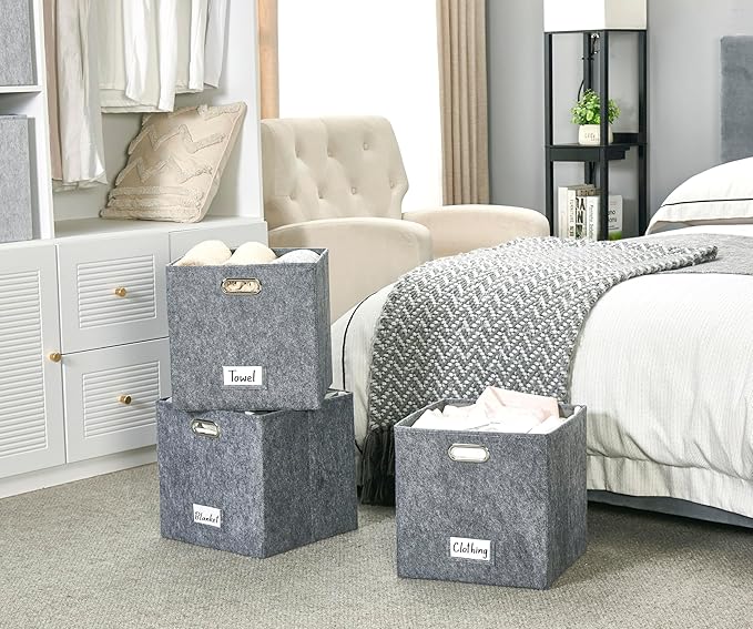 DECOMOMO Felt Storage Bins 13x15x13 Storage Cube Bins with Labels, Baskets for Organizing Shelves (Kallax / 3pcs, Dark Grey)
