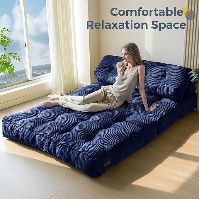 MAXYOYO Folding Sofa Bed, Convertible Sleeper Chair with Pillow Foldable Mattress with Back Support, Portable Fold Out Chair Bed Comfy Floor Sofa Lounge for Living Room Bedroom, Navy Double