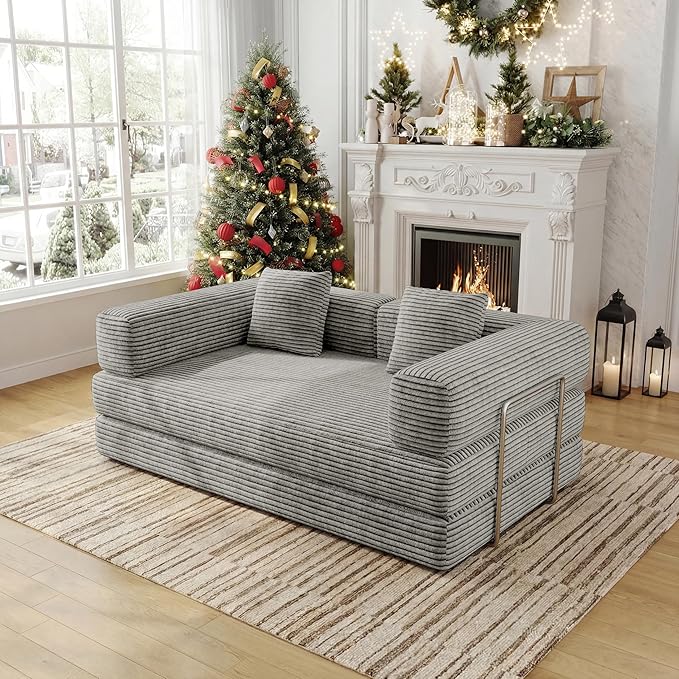 4 in 1 Futon Sofa Bed Queen Size - Foldable Convertible Sleeper Sofa Couch with L-Shaped Armrests Space Saving Floor Mattress for Bedroom & Dorm(Light Gray, 59β 2 Seat)