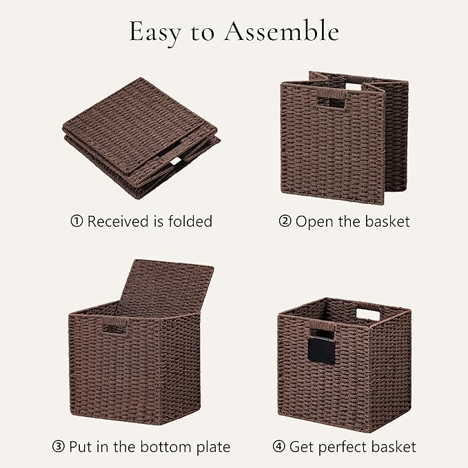 UBBCARE 4 Pack Wicker Basket, 12×12 Storage Cubes with Label, Foldable Cube Storage Bin with Handle, Square Storage Basket for Shelves, Woven Paper Rope Basket for Organizing, Brown