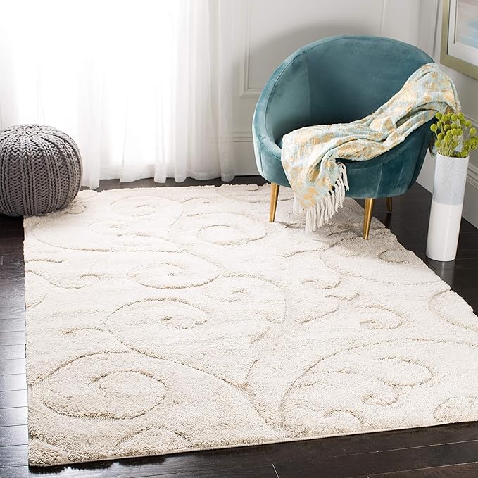 SAFAVIEH Florida Shag Collection Area Rug - 8' Square, Cream & Cream, Scroll Design, Non-Shedding & Easy to Clean, High-Low Plush Pile, Ideal for Living Room, Bedroom, Dining Space (SG455-1111)