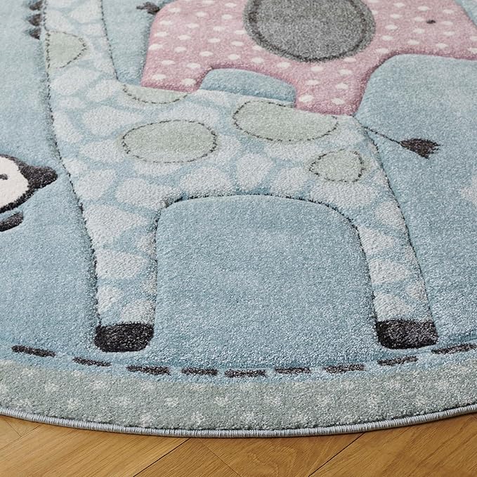 SAFAVIEH Carousel Kids Collection Area Rug - 6'7" Round, Blue, Animal Design, Easy Care & Non-Shedding, Ideal for High Traffic Areas for Boys & Girls in Playroom, Nursery (CRK120K-7R)