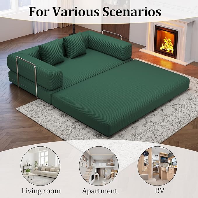 4-in-1 Foldable Sofa Bed Teddy Fabric Foam-Filled Compressed Couch, Convertible Loveseat Sofa, Boneless FoldingSleeper for Living Room, Guest Bed, Playroom (Green, 59β 2 Seat)