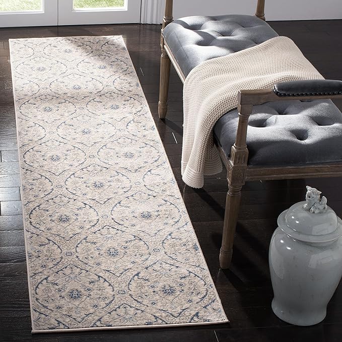 SAFAVIEH Brentwood Collection Area Rug - 6'7" Square, Navy & Light Grey, Floral Damask Ogee Trellis Design, Non-Shedding & Easy Care, Ideal for High Traffic Areas in Living Room, Bedroom (BNT860M)