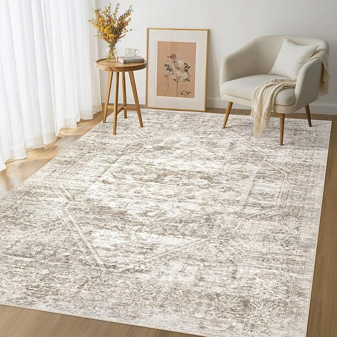 Vintage Living Room Area Rug 6x9 - Large Soft Washable Oriental Traditional Distressed Farmhouse Rugs for Bedroom - Indoor Floor Accent Carpet for Home Office House Decor - Distressed Light Brown