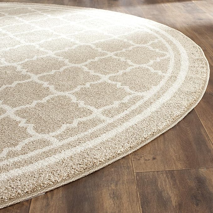 SAFAVIEH Amherst Collection Area Rug - 5' Round, Wheat & Beige, Moroccan Trellis Design, Non-Shedding & Easy Care, Ideal for High Traffic Areas in Living Room, Bedroom (AMT422S)