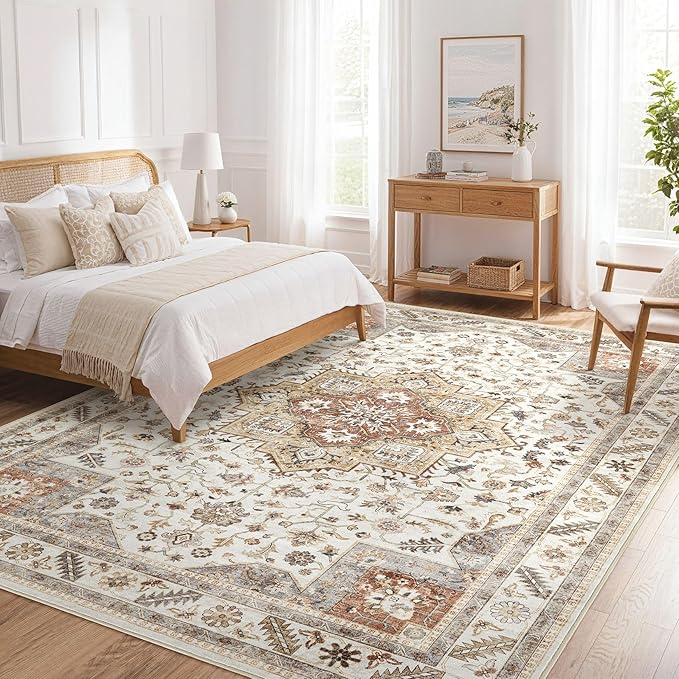 Vintage Living Room Area Rug 9X13 - Large Soft Washable Oriental Traditional Distressed Farmhouse Rugs for Bedroom - Indoor Floor Accent Carpet for Home Office House Decor - Golden Taupe