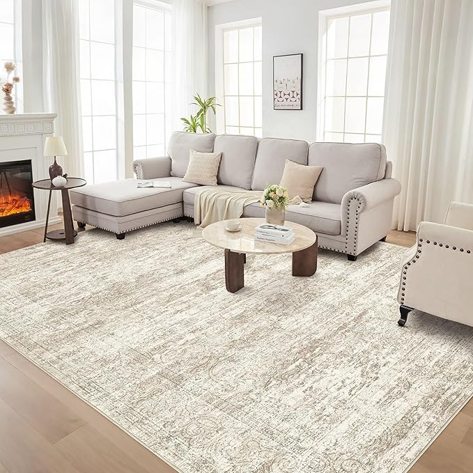 Area Rug Living Room Rugs - 10x14 Abstract Large Soft Indoor Washable Rug Neutral Modern Low Pile Carpet for Bedroom Dining Room Farmhouse Home Office - Vintage Beige