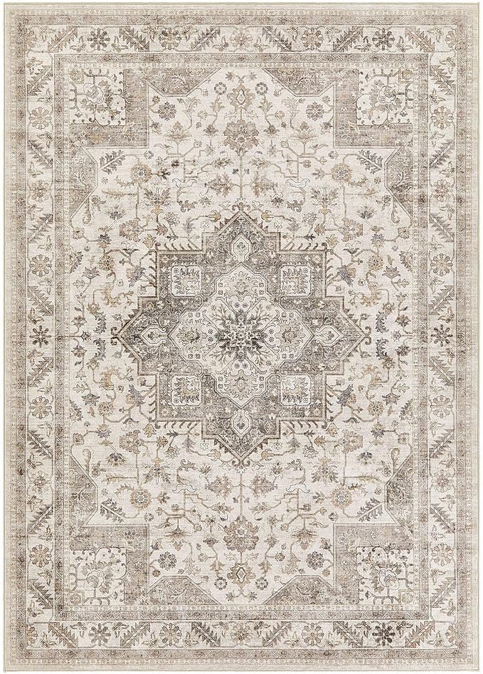 Vintage Living Room Area Rug 9x12 - Large Soft Washable Oriental Traditional Distressed Farmhouse Rugs for Bedroom - Indoor Floor Accent Carpet for Home Office House Decor - Light Brown
