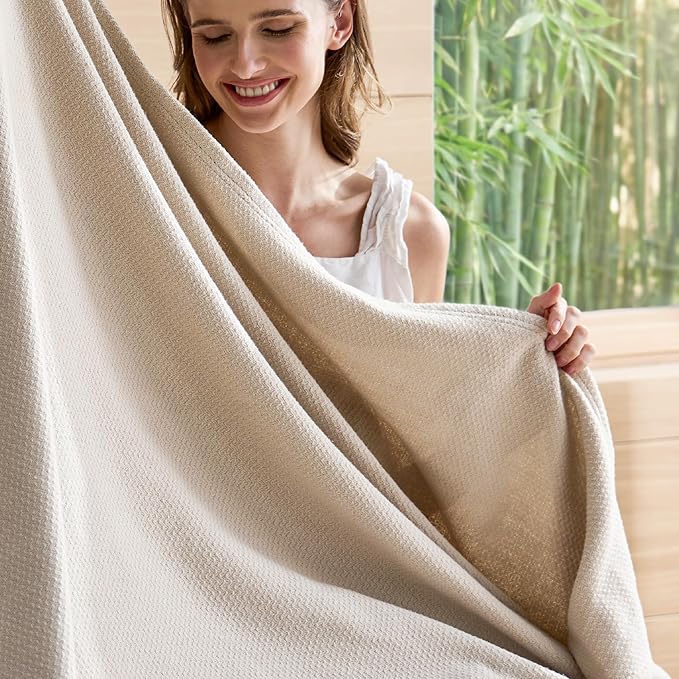 Bedsure GentleSoft 100% Cotton Blanket King Size for Bed - Breathable and Lightweight, Soft Cozy Textured Herringbone Woven Blanket for Summer Spring, Linen Beige, 108x90 inches