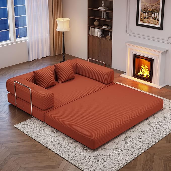 4-in-1 Foldable Sofa Bed Teddy Fabric Foam-Filled Compressed Couch, Convertible Loveseat Sofa, Boneless FoldingSleeper for Living Room, Guest Bed, Playroom (Orange, 59โ 2 Seat)