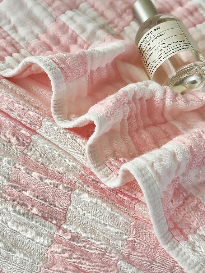 Ultra Soft Cozy 6-Layer Muslin 100% Cotton Checkered King Size 90"x104" Bed Blanket Breathable Lightweight Checkboard Bed Blankets Decorative for Sofa Bed All Seasons Both Sides Pink