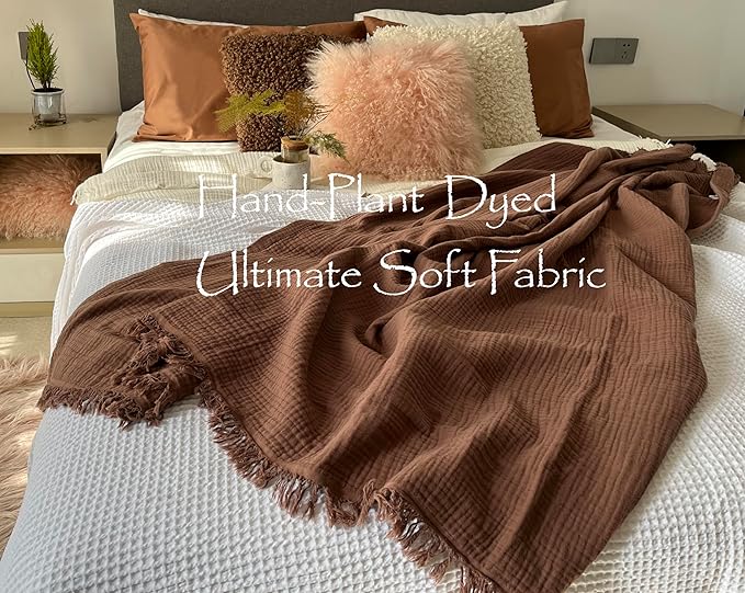 KyraHome 100% Cotton Throw Blankets, 90“x90” Queen, Organic Cotton Blanket, Plant Dyed, Breathable Lightweight Muslin Blankets for Adult, Kids, Bed, Couch, All Season, (Brown)