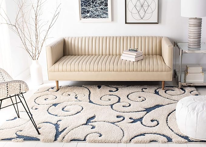 SAFAVIEH Area Rug 9x12 - Florida Shag Collection - Large - Cream & Blue, Scroll Design, Non-Shedding & Easy to Clean, High-Low Plush Pile, Ideal for Living Room, Bedroom, Dining Space (SG455-1165)
