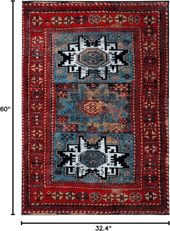 SAFAVIEH Vintage Hamadan Collection Accent Rug - 2'7" x 5', Red & Light Blue, Persian Design, Non-Shedding & Easy Care, Ideal for High Traffic Areas in Entryway, Living Room, Bedroom (VTH213Q)