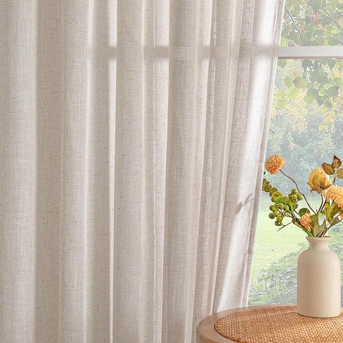 MYSKY HOME Natural Linen Curtains for Living Room, Semi Sheer Curtains & Drapes 80 inches Length 2 Panels Set Farmhouse Country Style Back Tab Draperies for Sliding Glass Door, 50" Wide, Linen