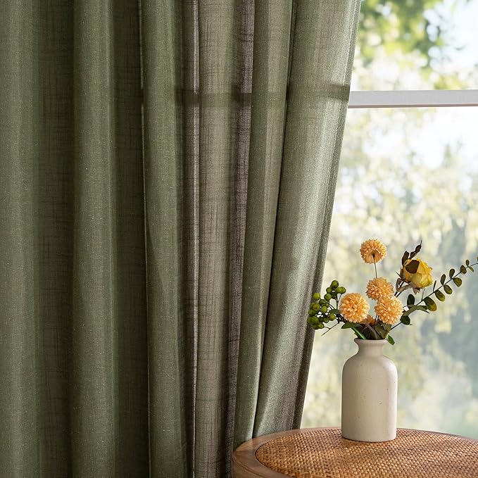 MYSKY HOME Short Semi Sheer Curtains for Bedroom 63 Inches Long Light Filtering Privacy Drapes for Small Window Linen Look Boho Home Decor Curtain for Parties, 50" x 63", Olive Green, 2 Pieces