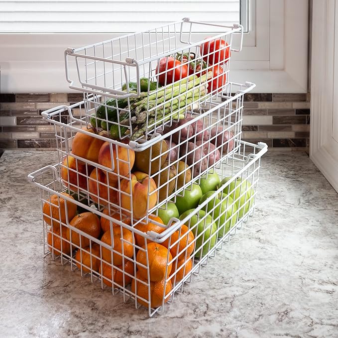 Home-Complete 16" Large Stackable Wire Baskets, 3-Size Set Organizer Stacking Storage Bins for Shelf, Pantry, Kitchen, Cabinets, can Also be Used in Chest Freezers (White)