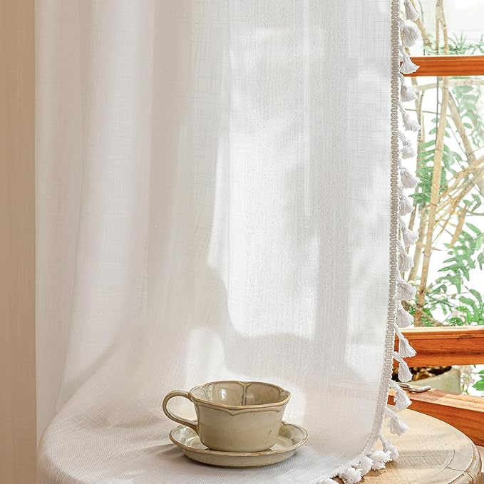 MYSKY HOME 84 inches Length White Curtains with Macrame for Living Room, Semi Sheer Farmhouse Style Light Filtering Back Tab Curtains for Sliding Glass Door, 50" Wide, Pure White,2 Panels