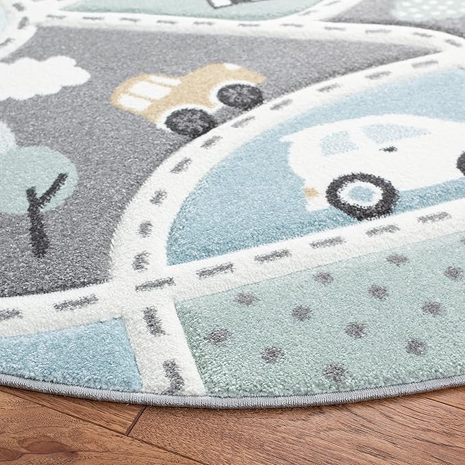 SAFAVIEH Carousel Kids Collection 4' Round Grey/Light Blue CRK193F Neighborhood Non-Shedding Nursery Playroom Area Rug