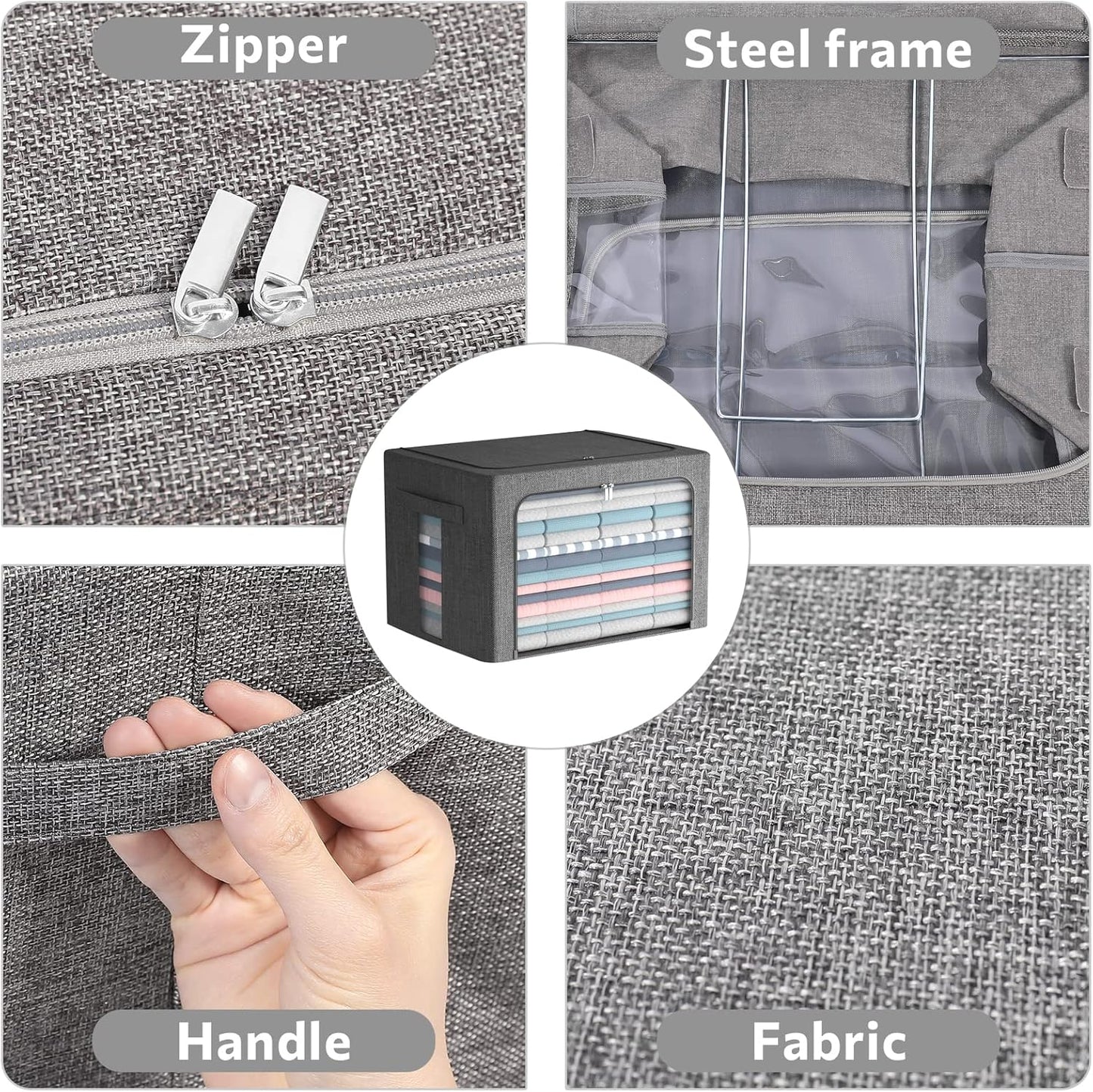 2 Pack Clear Window Storage Bins — Stackable Linen Fabric Storage for Clothes, Foldable Box Organizer with Carrying Handles, 36L (Gray, 15.7×11.8×11.7")