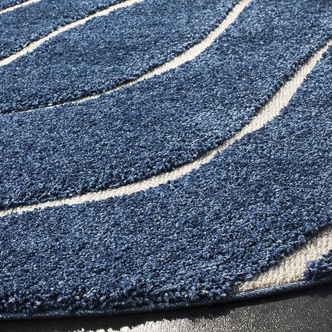 SAFAVIEH Florida Shag Collection Area Rug - 6'7" Round, Dark Blue & Cream, Non-Shedding & Easy Care, 1.2-inch Thick Ideal for High Traffic Areas in Living Room, Bedroom (SG472-6511)
