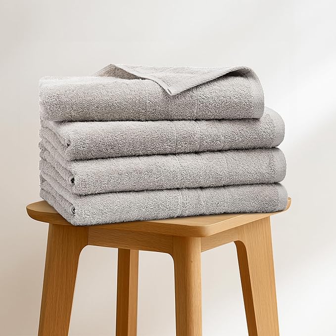 Bath Towels Set of 4 – 100% Cotton Light Grey Extra Large Towels for Bathroom, Spa Use (55x28 in) – Super Soft and Quick Dry Large Bath Sheets for Adults