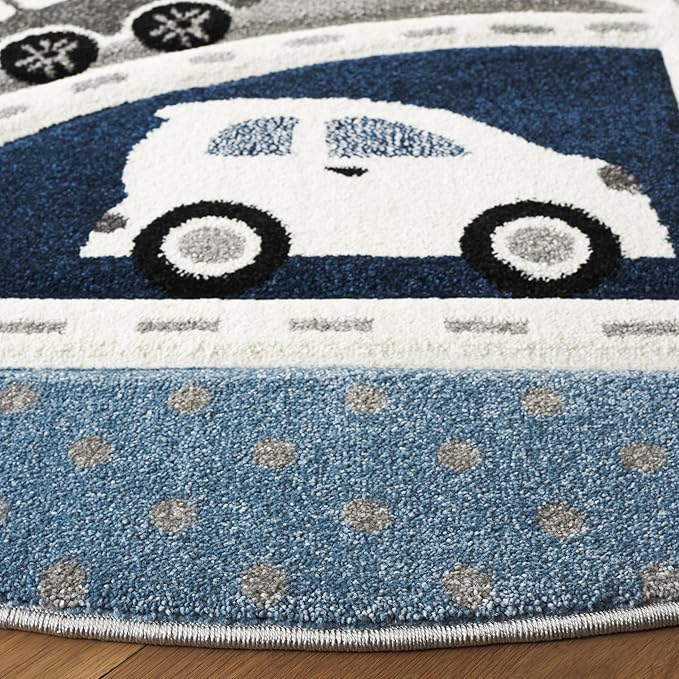 SAFAVIEH Carousel Kids Collection Area Rug - 6'7" Round, Grey & Blue, Non-Shedding & Easy Care, Ideal for High Traffic Areas for Boys & Girls in Playroom, Nursery, Bedroom (CRK193M)