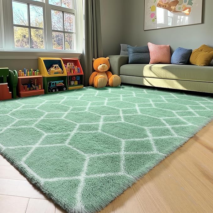 ONASAR Area Rugs for Bedroom Living Room, 4x6 Fluffy Sage Green and White Throw Rug, Shaggy Geometric Floor Mat for Home Decor Aesthetic, Soft Plush Fuzzy Carpet for Nursery Kids Teen Dorm