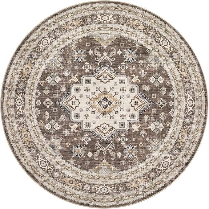 8ft Round Vintage Living Room Area Rug - 8x8 Large Soft Washable Oriental Traditional Distressed Farmhouse Rugs for Bedroom - Indoor Floor Accent Carpet for Home Office House Decor - Dark Brown