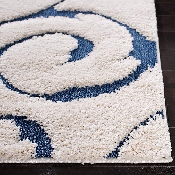 SAFAVIEH Area Rug 11x15 - Florida Shag Collection - Large - Cream & Blue, Scroll Design, Non-Shedding & Easy to Clean, High-Low Plush Pile, Ideal for Living Room, Bedroom, Dining Space (SG455-1165)