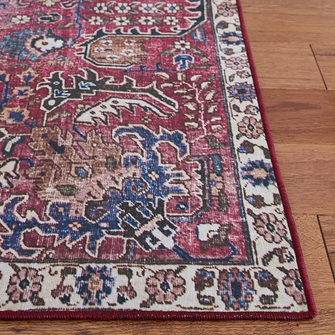 SAFAVIEH Washable Rug Tucson Collection - 2'6" x 6' Runner, Red & Beige, Slip Resistant & Easy to Clean, Ideal for Hallway, Foyer, Entryway, Bedroom (TSN174Q)