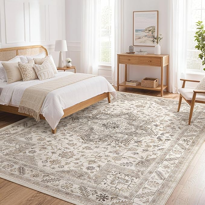 Vintage Living Room Area Rug 8X11 - Large Soft Washable Oriental Traditional Distressed Farmhouse Rugs for Bedroom - Indoor Floor Accent Carpet for Home Office House Decor - Light Brown