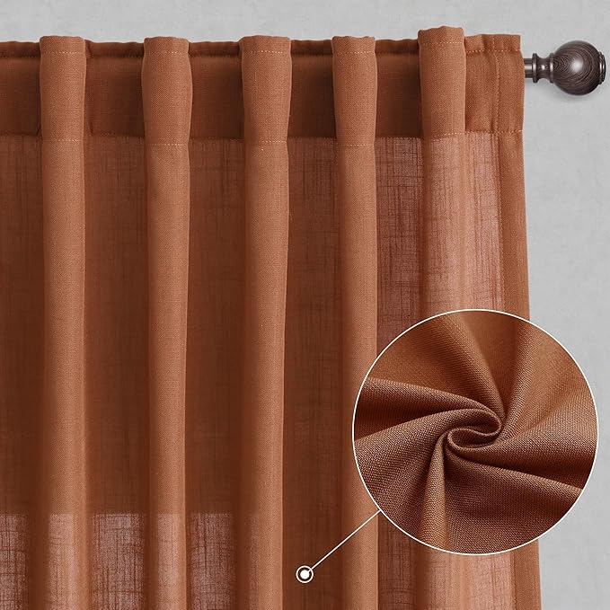 Joywell Terracotta Back Tab Linen Curtains 90 Inches Long 2 Panels for Living Room Bedroom Neutral Boho Farmhouse Rustic Light Filtering Semi Sheer Curtains Window Treatment 52x90