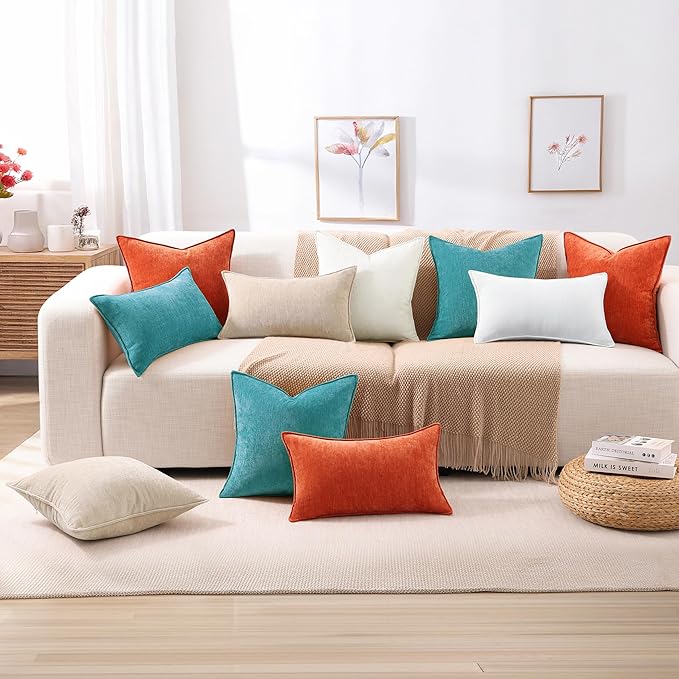 decorUhome Spring Couch Euro Sham Throw Pillow Covers 24x24 Set of 2, Decorative Soft Velvet Modern Cozy Chenille Pillow Cases with Elegant Design for Sofa Bed Living Room Home Decor, Teal