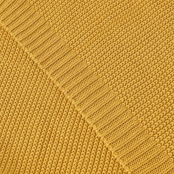 Longhui bedding Mustard Yellow Cotton Cable Knit Throw Blanket for Couch Sofa Bed, Home Decorative Lightweight Knitted Blankets with Bonus Laundering Bag, 50“ x 60”, Machine Washable