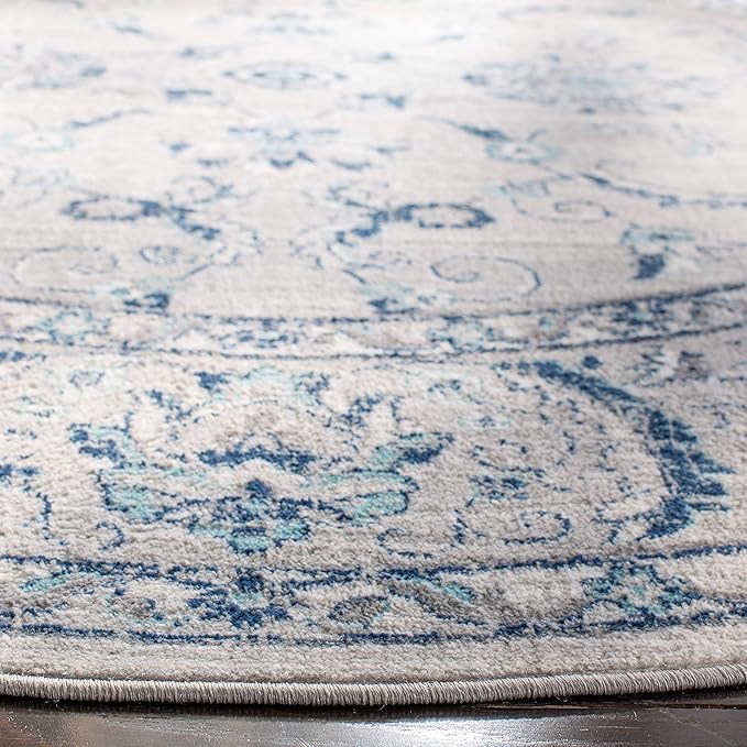 SAFAVIEH Brentwood Collection Area Rug - 6'7" Round, Light Grey & Blue, Oriental Floral Scroll Design, Non-Shedding & Easy Care, Ideal for High Traffic Areas in Living Room, Bedroom (BNT854G)
